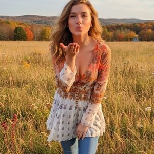 V Cristina Autumn Floral Blouse - Orange and White